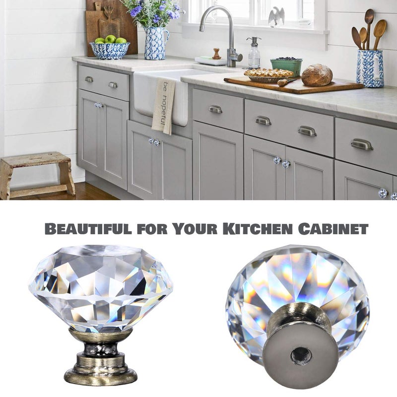 DEELF OUTLET 12 Packs Crystal Cabinet Knobs Drawer Pulls and Knobs Diamond Dresser Handles Crystal Pulls for Drawers - 30 mm Clear Glass Cabinet Knob with Bronze Base - Image 4